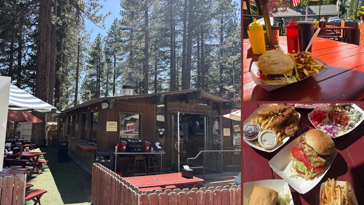 Takeout spot with burgers and fries.