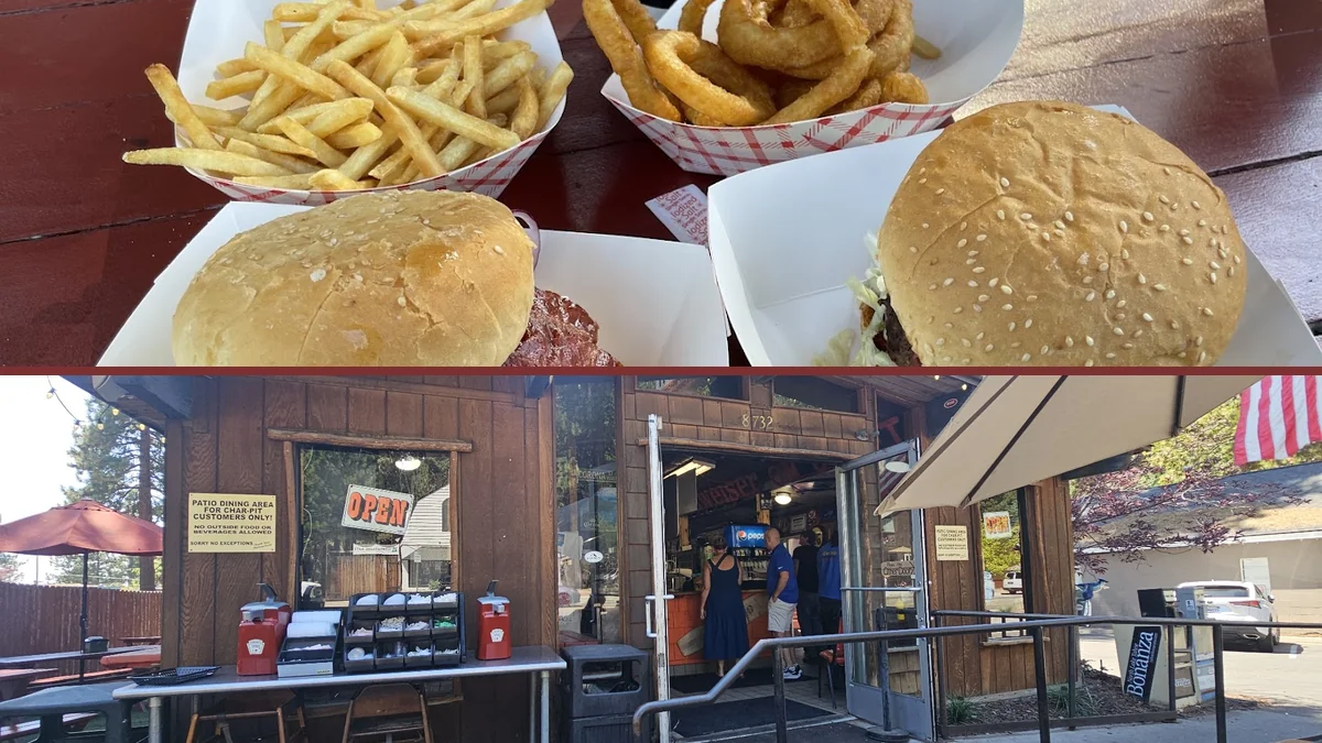 Casual burger counter with outdoor seating.